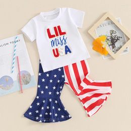 Clothing Sets Toddler Baby Girl 4th Of July Outfit Short Sleeve Letter Print T-shirt Stripe Star Flare Pants Patriotic Clothes