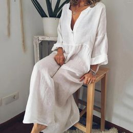 Casual Dresses Cotton Linen Maxi Dress Elegant Women V Neck Long Sleeve Loose Robe Summer Solid Color Beach Sundress