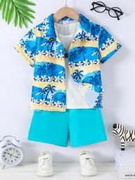 Clothing Sets Suitable For Boys Aged 4-7 Years Old Casual Outdoor Travel And Vacation Seaside Coconut Tree Pattern Shirt Blue Solid Color S