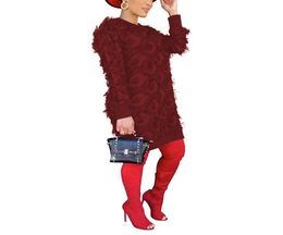 Casual Dresses Women Feathers Loose Red Dress Autumn Round Neck Long Sleeve Female 2021 Winter Soild Color Office Lady Vestido5659010
