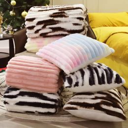 Cushion 2Pcs Rabbit Fur Cushion Cover Home Decor Cojines Decorative Pillows For Sofa Stripe Fluffy Pillows Couch Throw Pillows