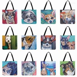 Evening Bags Women Shoulder Bag Watercolour Painting Dog Printed Tote Linen Febric Casual Foldable Shopping Reusable Beach