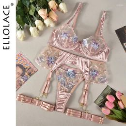 Bras Sets Ellolace Sensual Women Lingerie Fancy Floral Sheen Silk Underwear Transparent Garter Exotic Fairy Luxury Intimate Goods