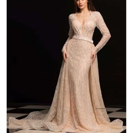 Champagne Mermaid Prom Dresses Long Sleeves V Neck Appliques Sequins Bead Floor Length Detachable Train 3D Lace Evening Dress Bridal Gowns Plus Size Custom 0431