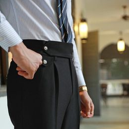 High Waist Straight Pants Men Business Versatile Trousers Gentleman Naples Paris Button Fashion Light Grey Mens Dress Pant Men's S 309i
