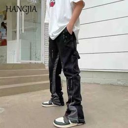 Jeans maschile retrò streetwear jeans svasato hip hop hop spruzzando jeans gambi a larga gamba jeans alla moda retrò jeans j240507