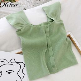 Women's Tanks HELIAR Women Knitted Crop Top Female Button Up Tees Cute Tube Square Neck Highstreet Tops For 2024 Summer
