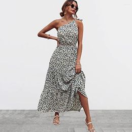 Casual Dresses Summer Dress Knot One Shoulder Maxi Sleeveless Waist Tight High-Waist Women Sweet Floral Print Ruffle Hem