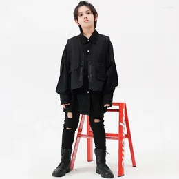 Clothing Sets Kids Boys Suits Girls Streetwear Fashion Hip Hop Jazz Dance Black Shirt Hole Pants Vest Children Tracksuits