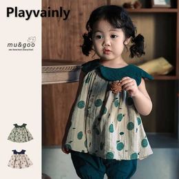 T-shirts New Summer Baby Girl Fashion T-shirt Green Blue Double Cotton Yarn Ruffle Collar Sleeveless Vest Top Children Clothes H240507