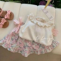 Clothing Sets Two Pieces Children Shorts Set Ruched Round Collar Sleeveles White Vest Floral Print Cute 1-6Y Girls Summer Suit