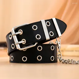 Belts Women Fashion Double Hole Pin Buckle Waist Belt For Jeans Metal Punk Chain Luxury PU Leather Style Decorative