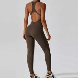 Women's Jumpsuits Rompers Slveless Sexy Backless Hollow Tight Sporty Jumpsuit Women Summer Jump Suits Elastic Quick Dry Sports Overalls T240507