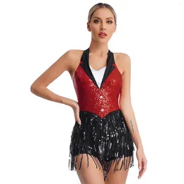 Stage Wear Sequin Tassel Jazz Latin Dance Performance Costume For Womens Adult Sparkly Halter Fringe Leotard Bodysuits Jumpsuits Dancewear