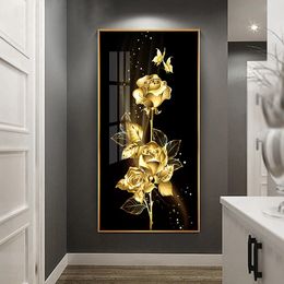 Modern Flower Paintings Canvas,Black Gold Rose Flower Butterfly Abstract Poster Nordic Art Plant ,Modern Wall Picture for Living Room Decor Unframed