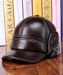 New Men Earmuffs Genuine Leather Faux Fur Baseball Caps Thicken Warmer Winter Male Flat Hats Real Cowhide Gorras8585953