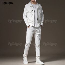 Bussiness Casual 2pcs Mens Pant Sets Spring Simple White Long Sleeve Denim Jacket and Jeans Fashion Slim Couple Set 240428