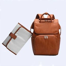 Backpacks PU leather baby diaper bag suitable for mothers large capacity diaper bag with replacement pad and cart strap brown and blackL240502