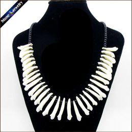 Real Wolf Tooth Fangs Canine Pendant Chain Black Glass Beaded Strand Choker Chunky Statement Bib Necklace Amulet Tribal Jewelry 204108987