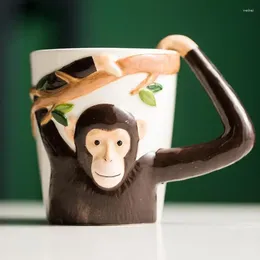 Mugs 3D Animal Shape Hand-painted Cartoon Monkey Mug Ceramic Unique Design Coffee With Handle Birthday Gift