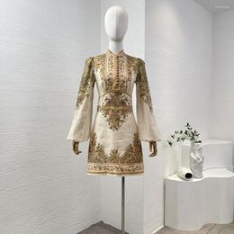 Casual Dresses 2024 Khaki Paisley Print Long Lantern Sleeve High Quality Standard Collar Linen Women Mini/Midi Dress