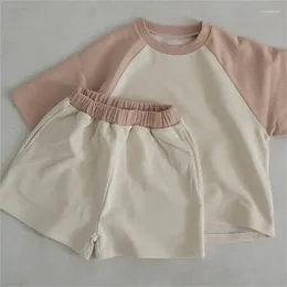 Clothing Sets Children Kids Clothes Summer 2024 Korean Boys Girls Patchwork Raglan Short Sleeve Top Shorts Casual Brief Two Piece Set