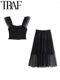 Work Dresses GAL 2024 Summer Women Sexy Black Lace Shirred Sleeveless Crop Top Suits Semi-Sheer Slim Polka Dot Skirt Sets Female Y2k