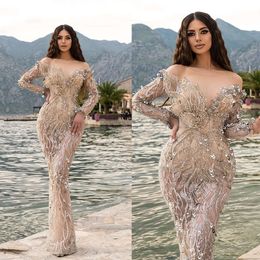 Deco-Inspired Neck Dresses Gorgeous Mermaid Art Prom Off The Shoulder Applicants Sequins Long Sleeves Floor Length Custom Made Plus Size Party Dress Vestido De