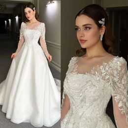 Wedding Long Dresses Sleeves A-Line Gorgeous Lace Applicant Sequins Layer Up Tulle Court Gown Custom Made Zipper Plus Size Bridal Dress Vestidos De Novia