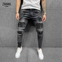 Men's Jeans Spring Autumn Mens Ripped Jeans Male Patchwork High Quality Black Casual Pants Beggar Version Biker Slim Fit Hip Hop jean homme Y240507