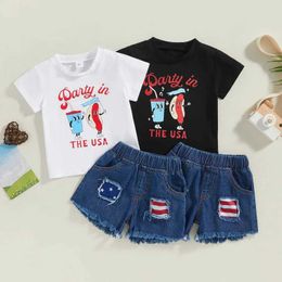Clothing Sets Independence Day Outfit Toddler Girls Clothes Summer Short Sleeve Letter Print Tops + Stars Stripe Denim Shorts 2PCS H240507
