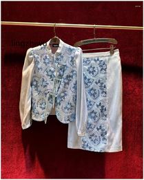 Women's Tracksuits Lingzhiwu Blue Skirt Set Chinese Style Suit Female Handmade Sequins Top Twinset Cheongsam Elegant Arrive