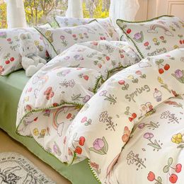 Bedding sets Pastoral Girls Flower Bedding Sets Washed Cotton Bed Lines Soft Quilt Cover Sheet Set Simple Bedspread Home Textiles J0509
