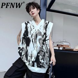 Men's Tank Tops PFNW V-neck Loose Top Geometric Print Pattern Pullover Contrast Colour Male Sleeveless 2024 Summer 9C5503