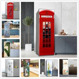 Stickers Red Telephone Booth Refrigerator Sticker Selfadhesive Vinyl Plant Waterfall Wall Stickers For Kitchen Fridge Door Cover Decals