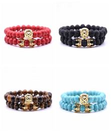 2PcSet Animal King Lion Head Red Turquoise Bangle Natural Stone Crown Couple Bracelet Sets For Men Hand Jewellery Accessories Men W7165123