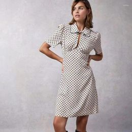 Party Dresses 2024 Autumn Women Retro Polka Dot Print Lapel Short-sleeved Strappy Dress