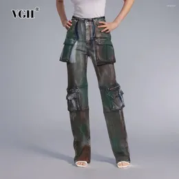 Women's Jeans VGH Casual Spliced Pockets Hit Color For Women High Waist Patchwork Zipper Streetwear Denim Pants Female Fashion Style