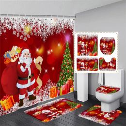 Curtains Red Christmas Shower Curtain Set Funny Santa Claus Xmas Tree Gifts White Snowflake New Year Bathroom Decor Bath Mat Toilet Cover