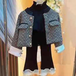 Clothing Sets Spring Autumn 2024 Children Girl 3PCS Clothes Set Cotton Ruffle Top Pearl Button Coat Outfit Spliced Flared Pant Baby Suits