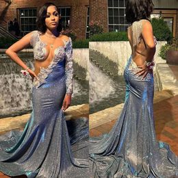 Appliques Sleeve Sequined Prom Designer Dresses Mermaid One Illusion Shining Cloths Tassels Court Gown Custom Made Party Evening Dress Vestido De Noite