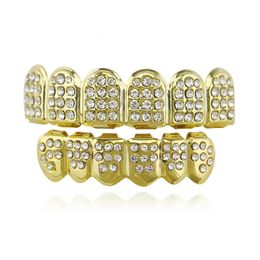 Hip Hop Rapper Zircon Crystal Shackle Teeth Cap Top Bottom Dental Braces Metal Punk Personality Tooth Jewelry 240418