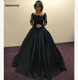 Graceful Black Princess Evening Dresses Long Sleeves Sheer Lace Beaded Appliques Scoop Ruched Ball Gown Party Gowns Formal Prom Dr6007362