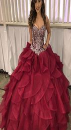 Luxury Crystals Beading Quinceanera Dresses Sweetheart Corset Burgundy Organza Princess Sweet 16 Ball Gown 2018 Prom Dress Vestido7393858