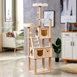 Scratchers Multilayer Cat Tree House Condos Wooden Cat Tower With Sisal Rope Cat Scratching Posts Plush Cloth Hammock Cat Climbing Frame