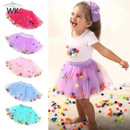 tutu Dress Infant Baby Girl Tulle Tutu Skirts Kids Elastic Waist Pettiskirt Princess Colourful Pompom Mini Dress Toddler Clothing Pettiskirt d240507