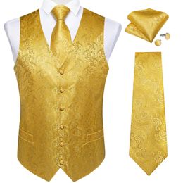 Luxury Paisley Gold Vest for Man Formal Yellow Solid Mens Waistcoat Silk Necktie Pocket Square Wedding Business Chaleco Hombre 240507