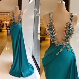 Satin Train Gorgeous Mermaid Beads Prom Dresses Spaghetti Cutaway Sides Backless Zipper Custom Made Sexy Formal Party Evening Dress Vestido De Noite