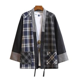 Men's Polos Japanese mens shirt cotton linen plain weave Japanese Haori jacket cardigan sweater fashion samurai kimono Yukata casual mens clothingL2405