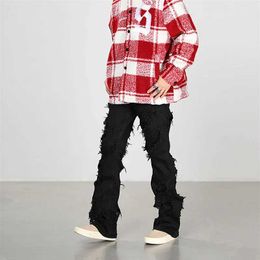 ans 2023 Dark Streetwear Tassel Destroy Black Hip Hop Men Jeans Pants Y2K Clothes Straight Grunge Cotton Long Trousers Ropa Hombre J240507